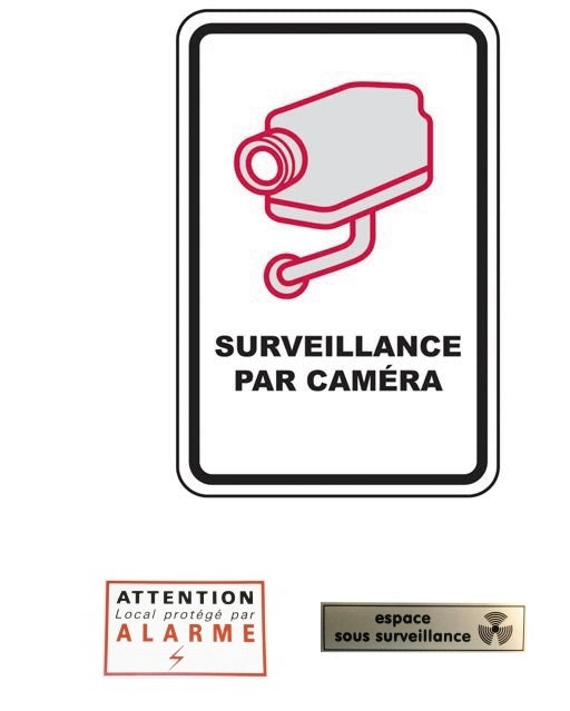 1 panneau surveillance camera + 1 etiquette attention alarme + 1 etiquette espace sous surveillance ECLATS DESTOCKAGE