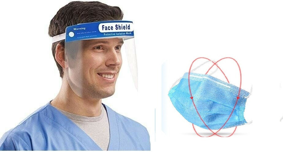 1 visiere anti-gouttelettes Anti-buée + 50 masques chirurgicaux écran facial protection tete bouche nez ECLATS DESTOCKAGE