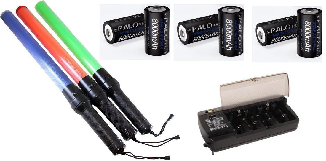 3 batons lumineux vert bleu et rouge + 6 batteries et chargeur police route circulation voiture - ECLATS DESTOCKAGE