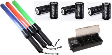 3 batons lumineux vert bleu et rouge + 6 batteries et chargeur police route circulation voiture - ECLATS DESTOCKAGE