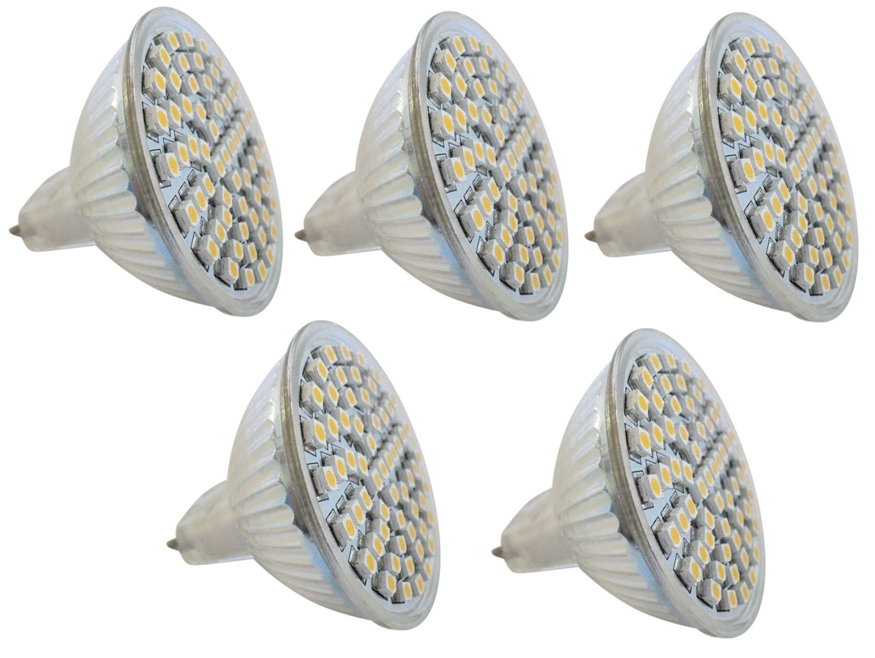 5 Ampoules 12v mr16 gu5.3 60 led smd blanc chaud ECLATS DESTOCKAGE