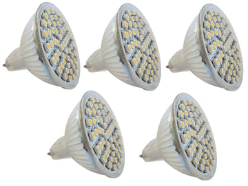 5 Ampoules 12v mr16 gu5.3 60 led smd blanc chaud ECLATS DESTOCKAGE