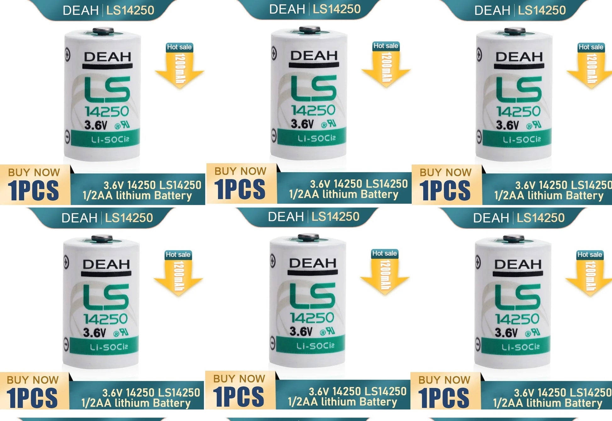 6 piles lithium 3.6v 1/2aa er14250 ls14250 lr14250 er14250h li-socl2 1200mah ECLATS DESTOCKAGE