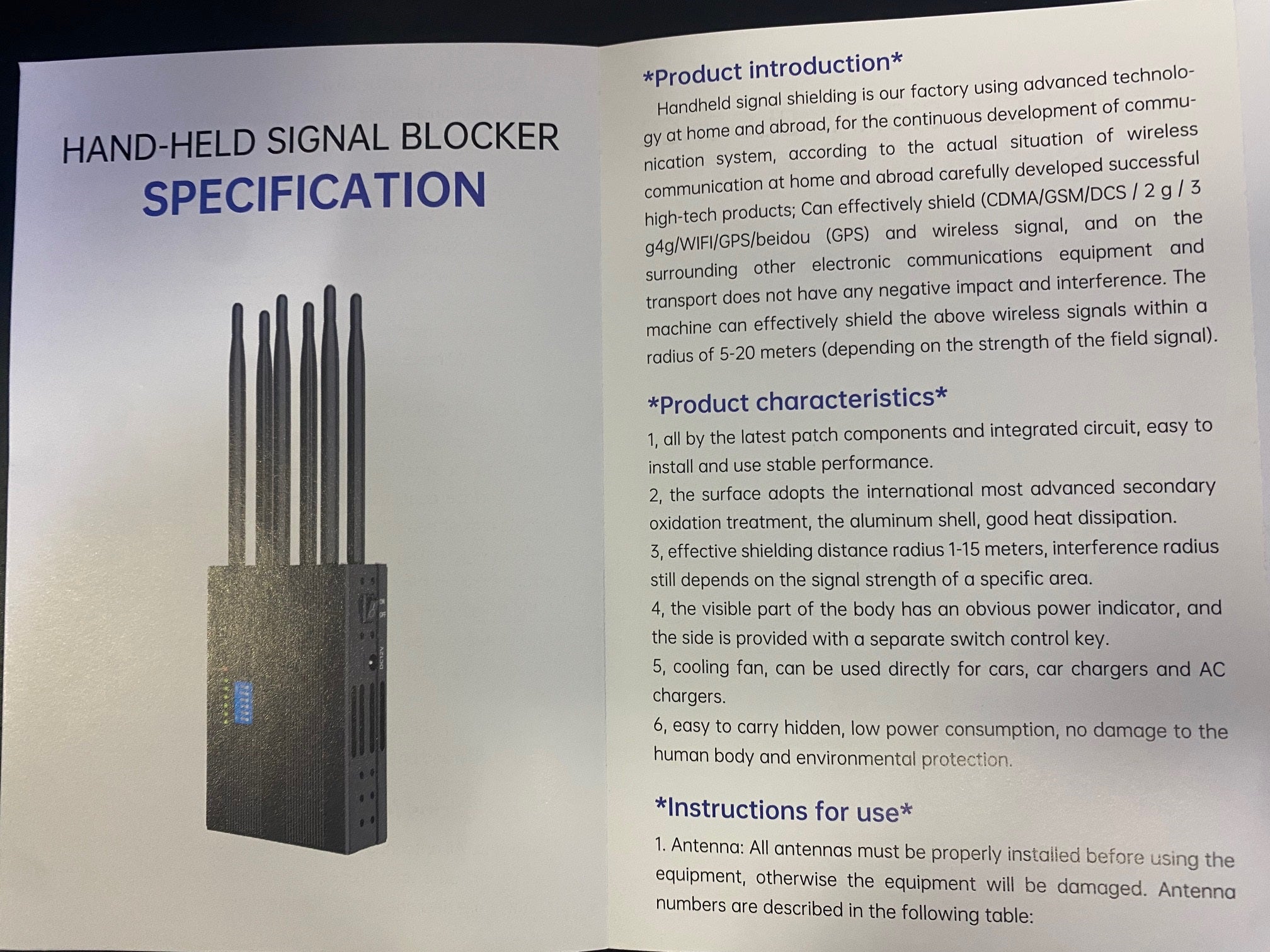 Brouilleur onde gsm portable 6 antennes bloqueur 2G 3G 4G WiFi 2400MHz gps 1500MHz 1600MHz dcs/1800MHz phs/1900MHz