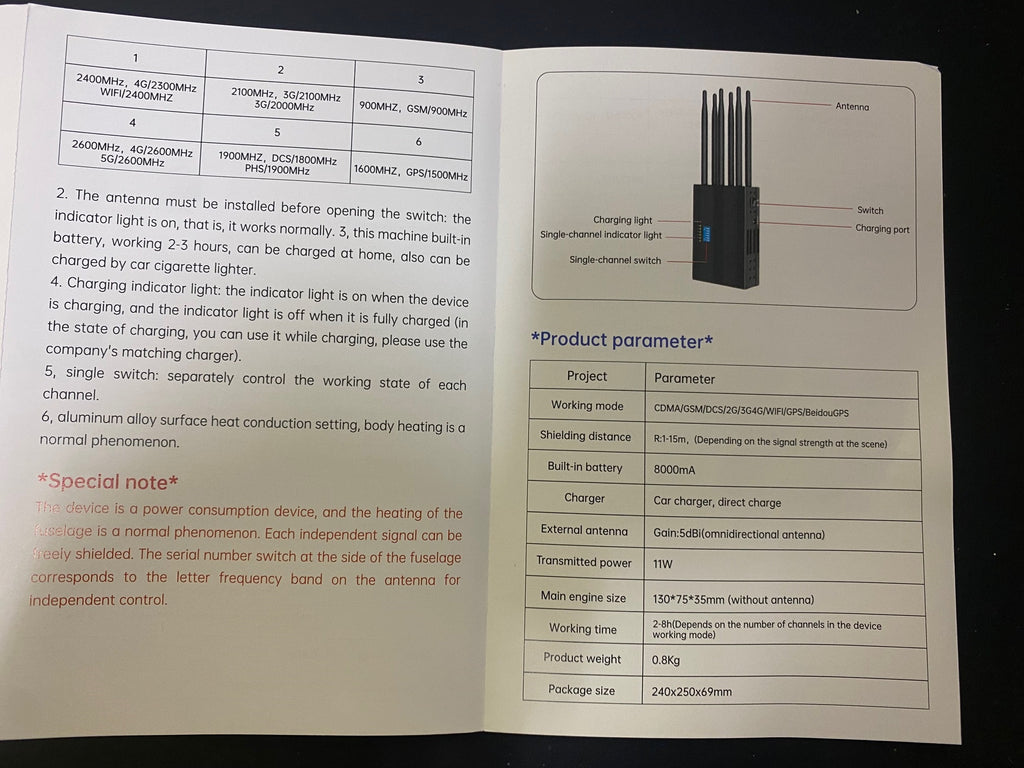 Brouilleur onde gsm portable 6 antennes bloqueur 2G 3G 4G WiFi 2400MHz gps 1500MHz 1600MHz dcs/1800MHz phs/1900MHz