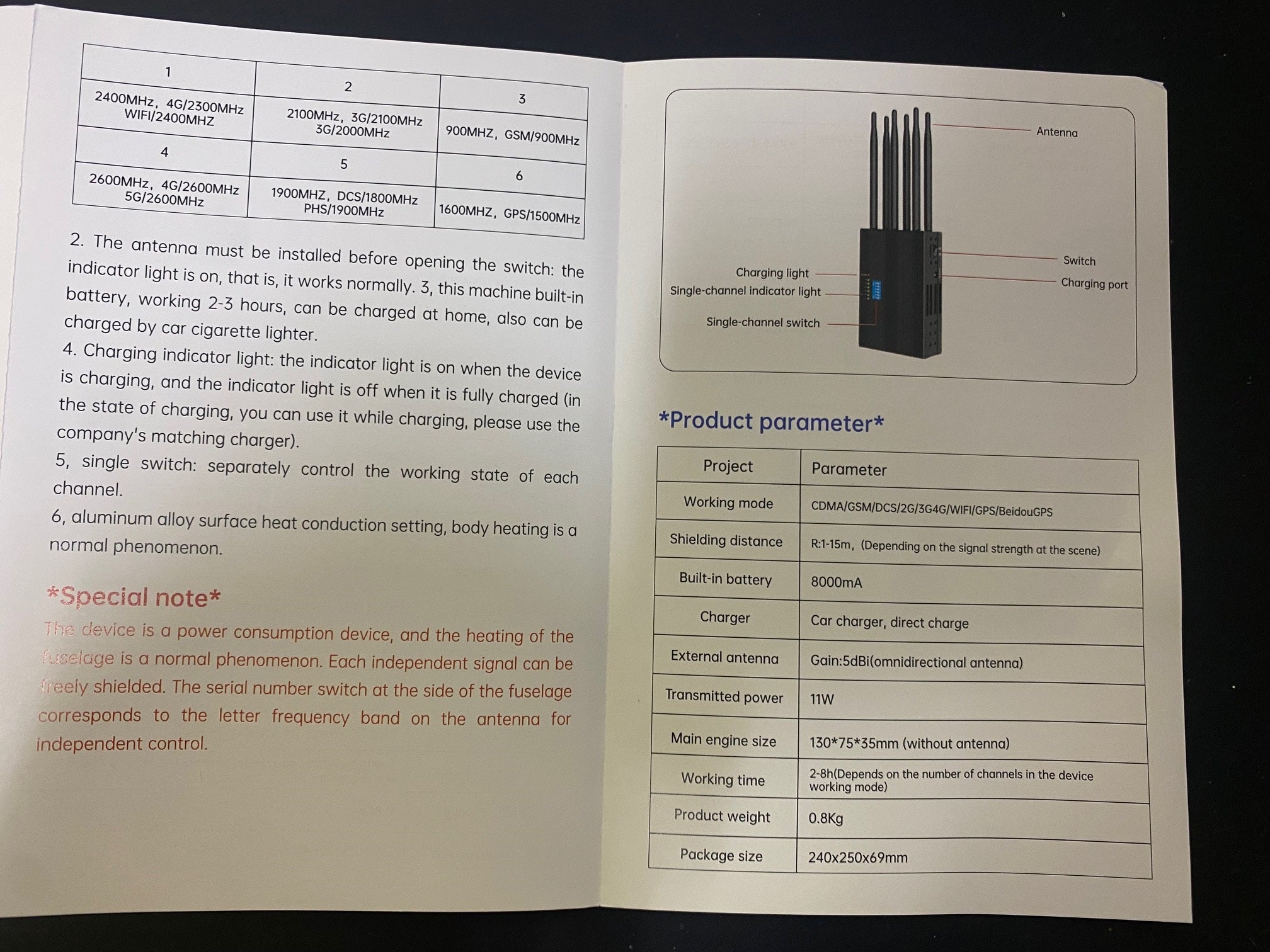 Brouilleur onde gsm portable 6 antennes bloqueur 2G 3G 4G WiFi 2400MHz gps 1500MHz 1600MHz dcs/1800MHz phs/1900MHz