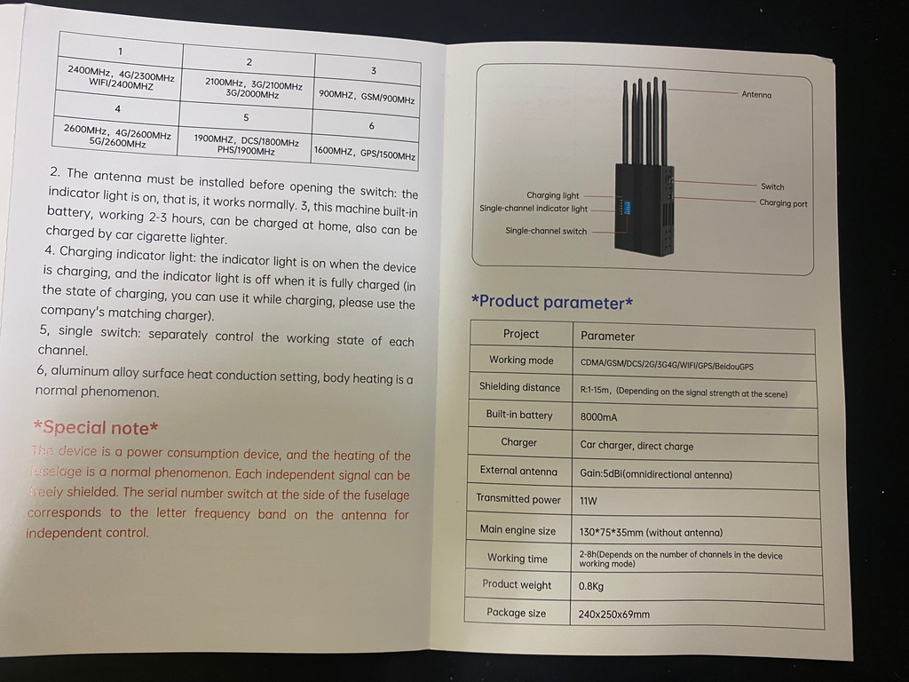 Brouilleur onde gsm portable 6 antennes bloqueur 2G 3G 4G WiFi 2400MHz gps 1500MHz 1600MHz dcs/1800MHz phs/1900MHz