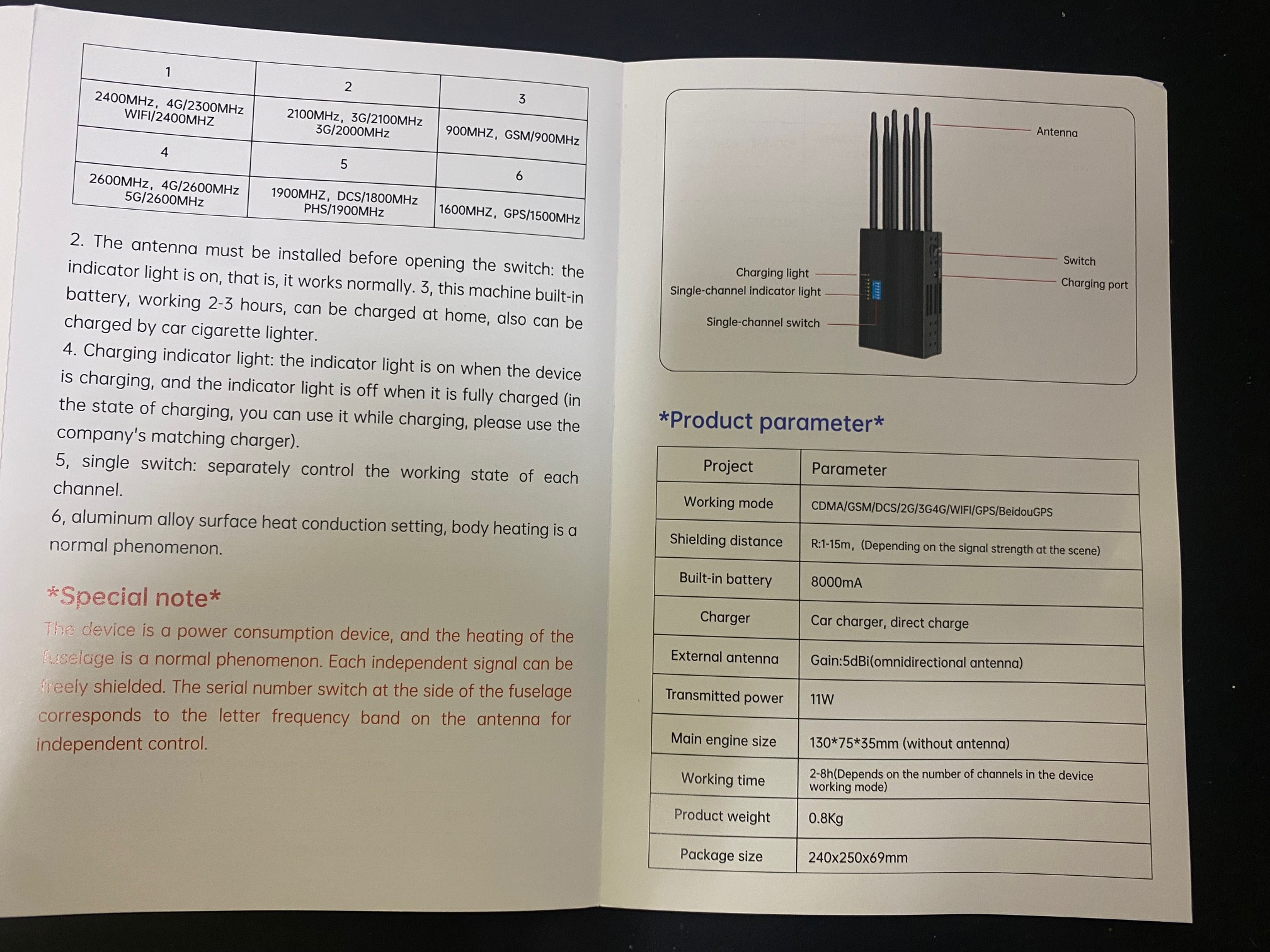 Brouilleur onde gsm portable 6 antennes bloqueur 2G 3G 4G WiFi 2400MHz gps 1500MHz 1600MHz dcs/1800MHz phs/1900MHz