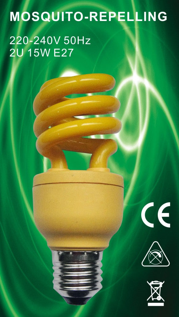 Ampoule jaune anti moustique chikungunya repousse insecte e27 buzz off 12w  75w spirale 220v 240v ECLATS DESTOCKAGE