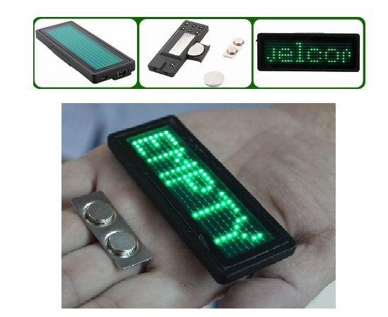 Badge vert led insigne tag nom message défilement programmable ECLATS DESTOCKAGE