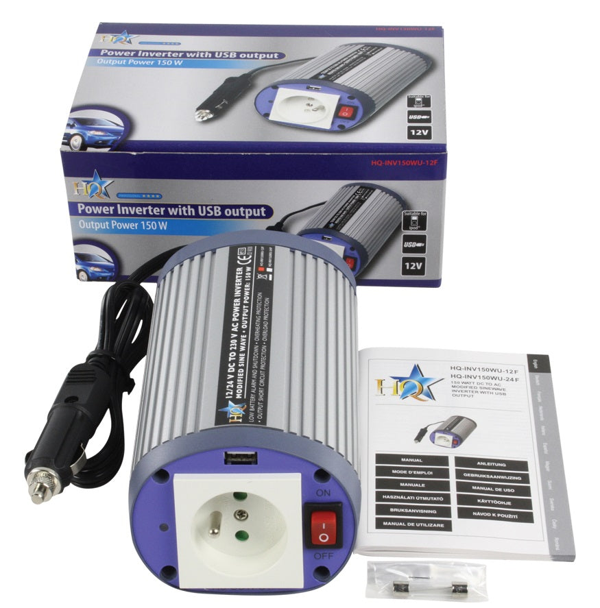 Convertisseur 12v 220v 150w + USB avec plot terre 230v 240v - ECLATS DESTOCKAGE