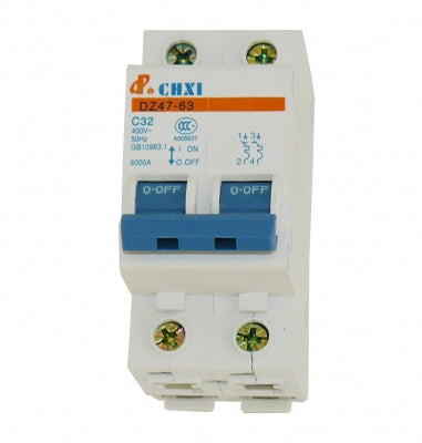 Disjoncteur modulaire 2p bipolaire calibre 32a rail din courbe c dz47-63 c32 certifié ce ECLATS DESTOCKAGE