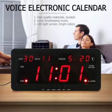 Horloge murale calendrier led rouge 220v 29x12x5cm grand affichage heure jour annee temperature voice control ECLATS DESTOCKAGE