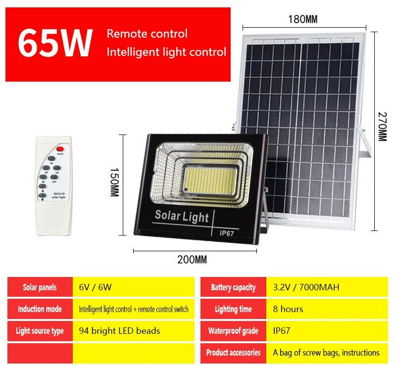 Lampe panneau solaire LED 65w télécommande etanche norme IP67 éclairage d'extérieur deporté ECLATS DESTOCKAGE