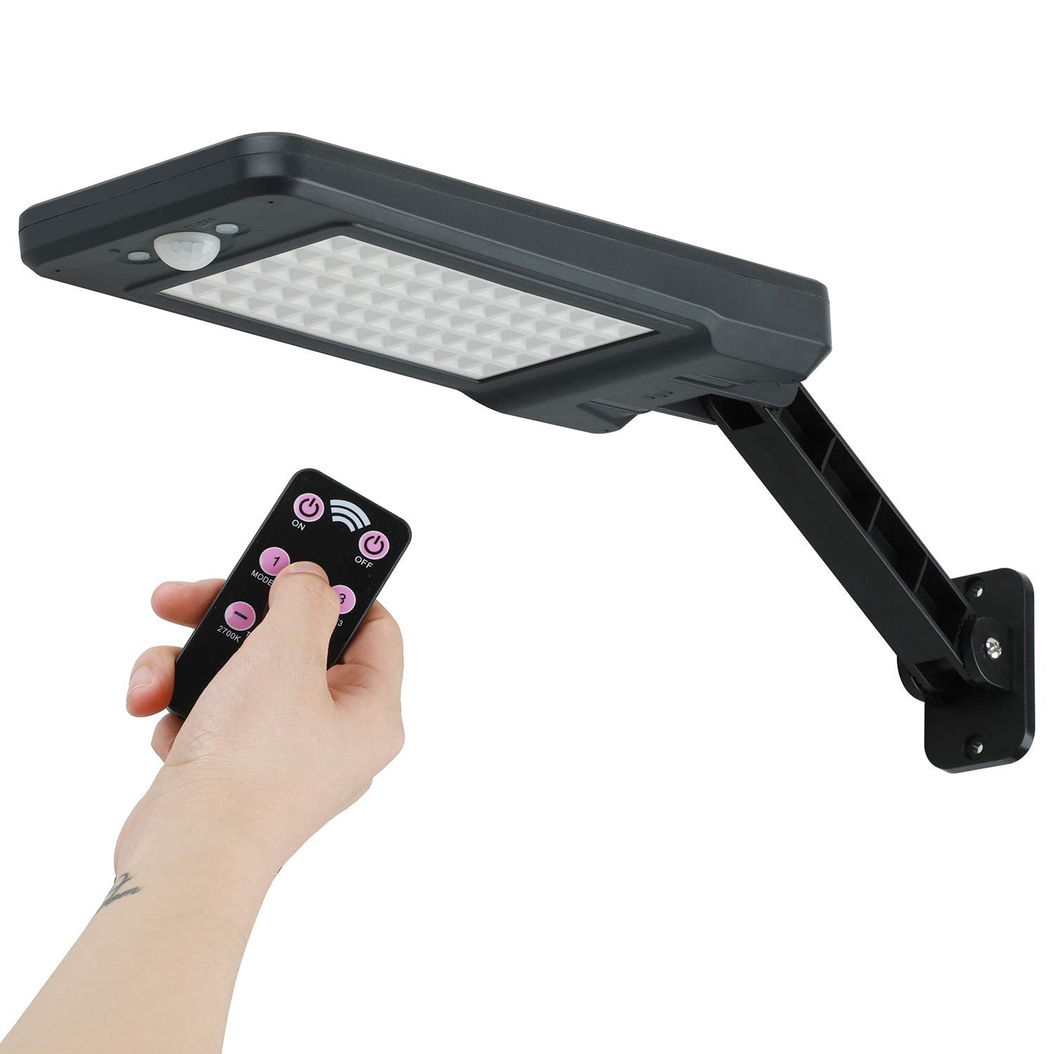 Lampe solaire Extérieur Etanche 60 LED IP65 + batterie + radar capteur Applique Murale Telecommande ECLATS DESTOCKAGE