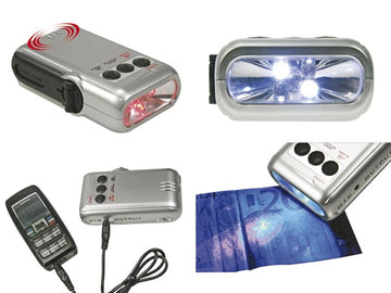 Lampe torche zl388/5 dynamo a led chargeur de telephone mobile alarme detecteur de faux billets ECLATS DESTOCKAGE
