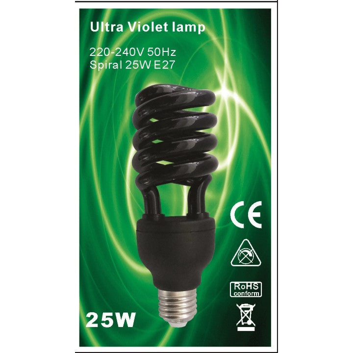Lampe uv lumiere noire e27 t4 spirale 25w 75w 220v compatible 20w fluocompacte 240v ultraviolet