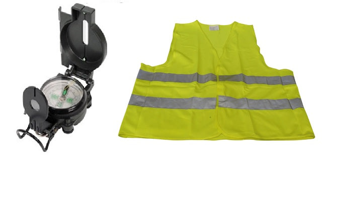 Lot 1 boussole look militaire loupe pliable + 1 gilet auto securite signalisation routiere jaune xl ECLATS DESTOCKAGE