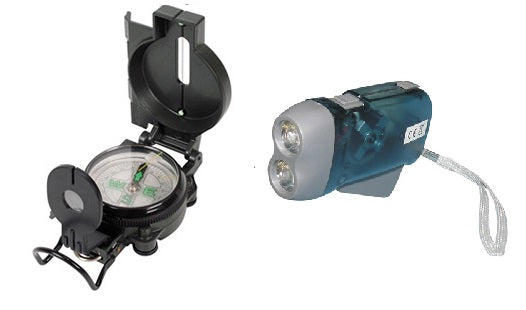 Lot 1 boussole look militaire loupe pliable + 1 lampe 2 leds rechargeable torche dynamo sans pile ECLATS DESTOCKAGE