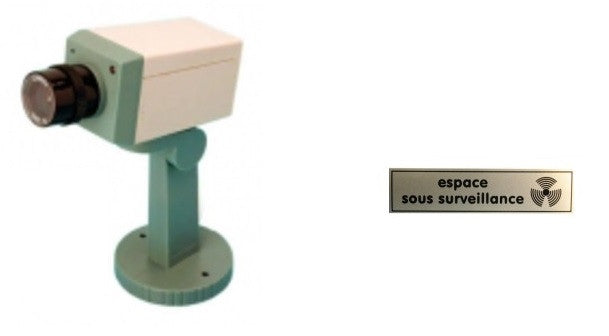 Lot de 1 camera video factice + 1 etiquette ets securité fausse dissuasion cachee voyant motorisee ECLATS DESTOCKAGE