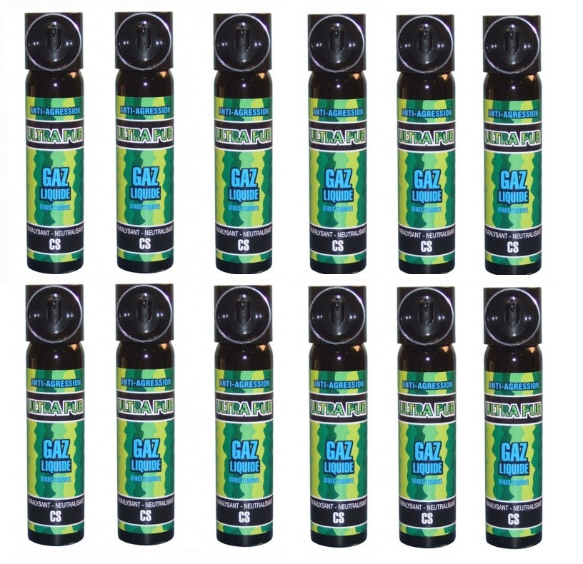 Lot de 12 aerosols défense securite police gaz paralysant cs 75ml bombe lacrymogene spray ECLATS DESTOCKAGE