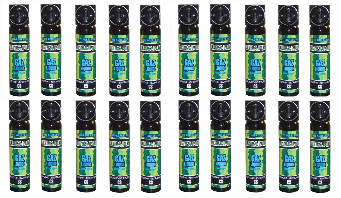 Lot de 20 aerosols gaz paralysant cs 2% 75ml bombe lacrymogene spray défense securite police ECLATS DESTOCKAGE