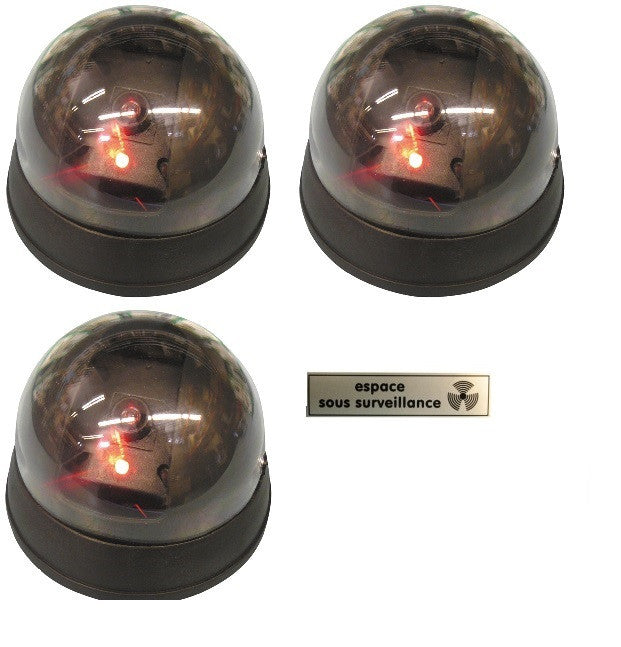 Lot de 3 cameras dome video led + 1 etiquette clignotante surveillance alarme factice securite ECLATS DESTOCKAGE