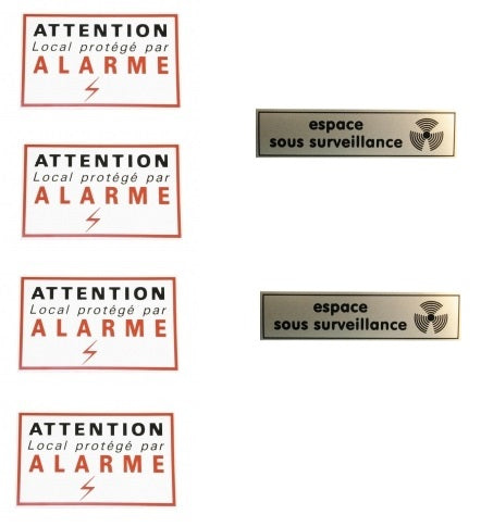 Lot de 4 etiquettes attention alarme + 2 etiquettes espace sous surveillance ECLATS DESTOCKAGE