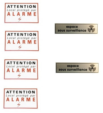 Lot de 4 etiquettes attention alarme + 2 etiquettes espace sous surveillance ECLATS DESTOCKAGE