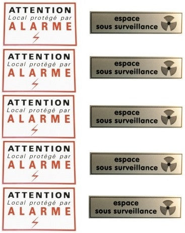 Lot de 5 etiquettes attention alarme + 5 etiquettes espace sous surveillance eta+ets ECLATS DESTOCKAGE