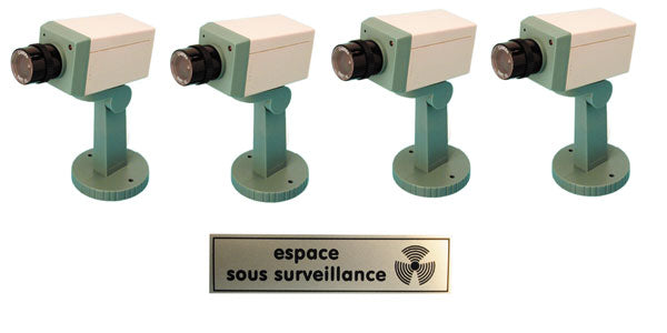 Pack 4 camera factice motorisee voyant clignotant etiquette sticker panneau espace sous surveillance ECLATS DESTOCKAGE