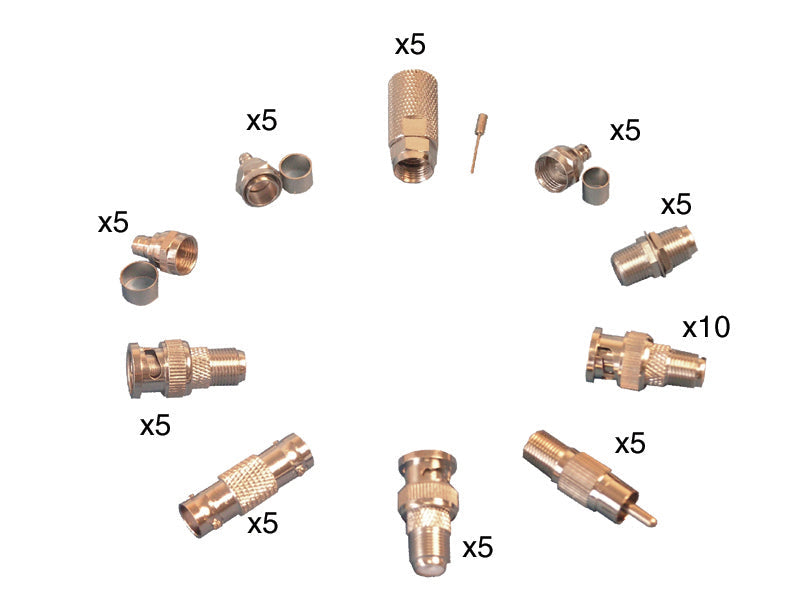 Pack 55 connecteurs type f bnc rca adaptateurs 5 f5 5 f6 5 f7 5 f10 5 cf05 20 fbnc 5 bncff 5 rcaff ECLATS DESTOCKAGE