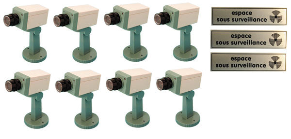 Pack 8 cameras factice motorisee voyant clignotant support 3 etiquette espace sous surveillance ECLATS DESTOCKAGE