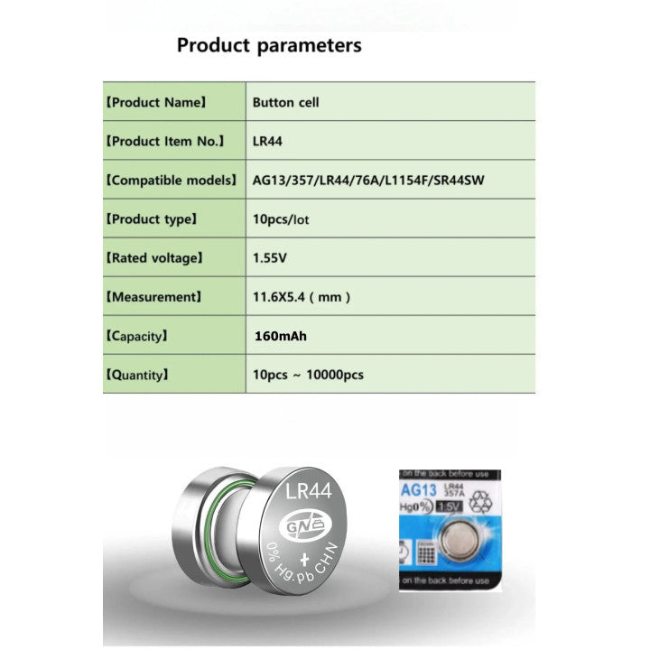 Pile lr44 bouton 1.5v v13ga v13gac 357a a76 ag13 sr44 v357 l1154 alcaline alimentation