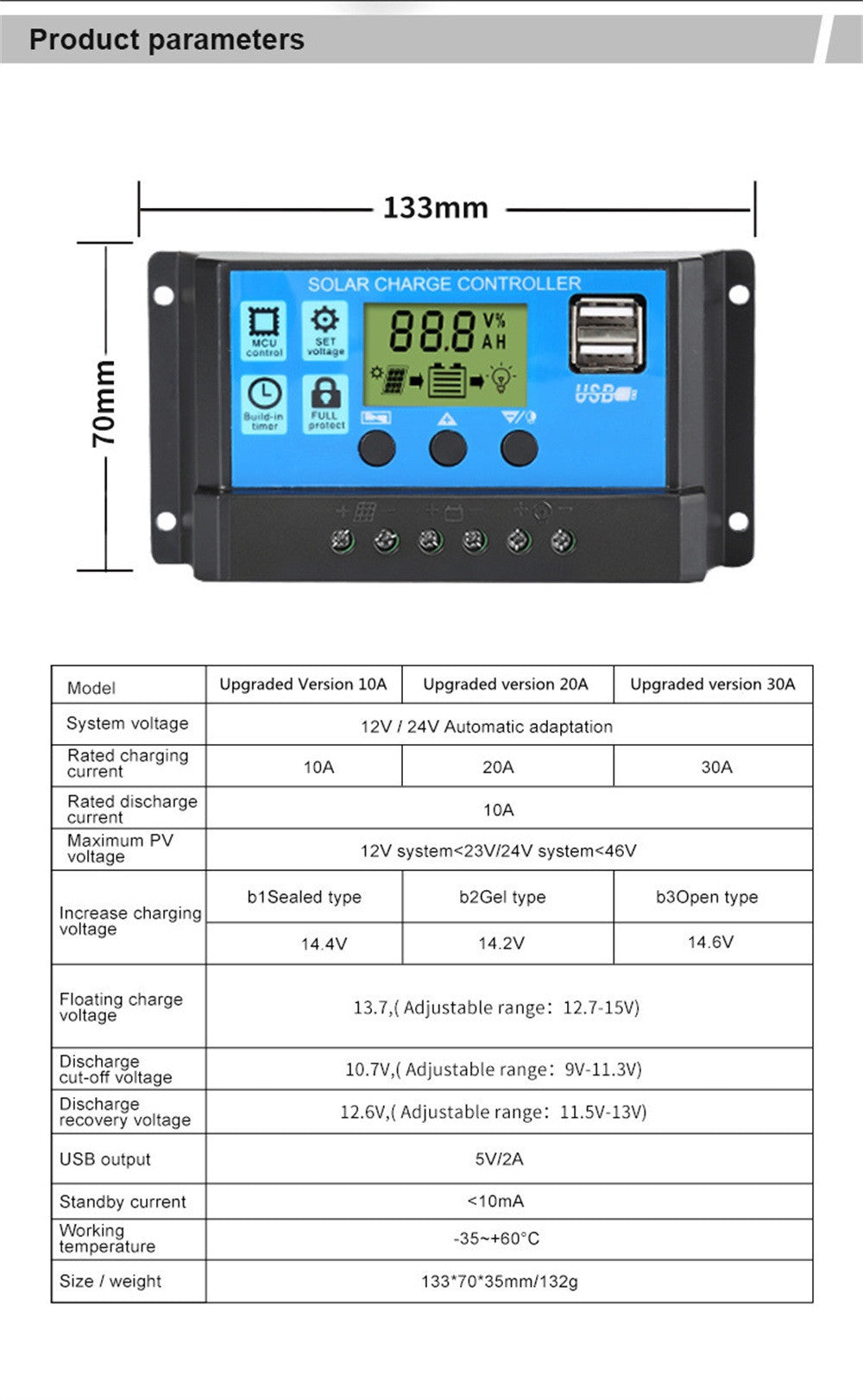 Regulateur solaire charge 8a 9a 10a 12v 13vcc 24v courant cellule controleur courant intensite ECLATS DESTOCKAGE